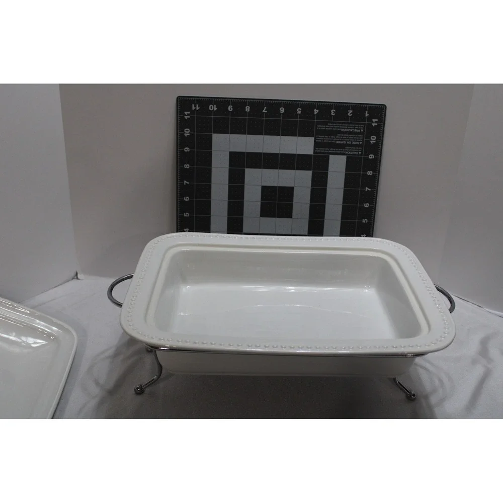 White Ceramic Rectangular Chafing Dish with Beaded Trim and Metal Stand